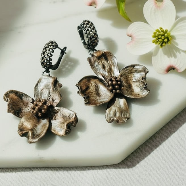 (image for) Dogwood Drop Wire Earrings | Nature Jewelry